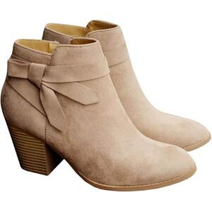 Women's Nude Closed Toe Stacked Heel Tie Knot Side ZIP Chelsea Pump Ankle Boots
